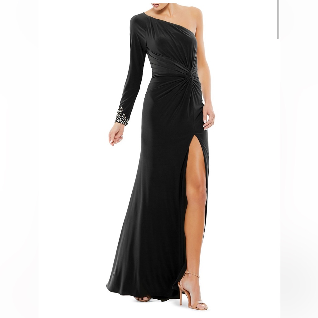 Mac Duggal Black One-Shoulder Evening Gown With Embellished Cuff
